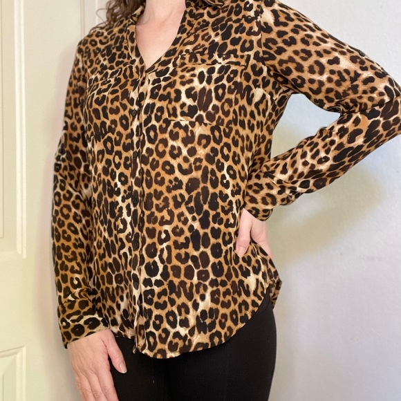 Express Tops - Express Leopard Print Portofino Women’s Button Down Long Sleeve Blouse